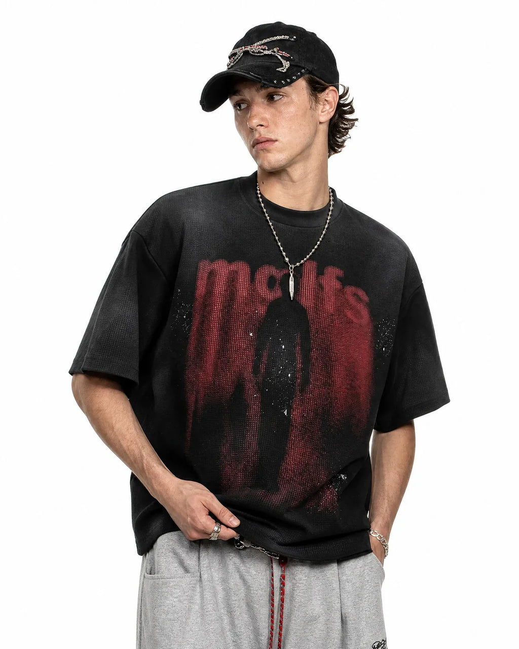 Black Gothic letter print cotton T-shirt by Flation Streetwear, showcasing bold Gothic-style lettering on the front.