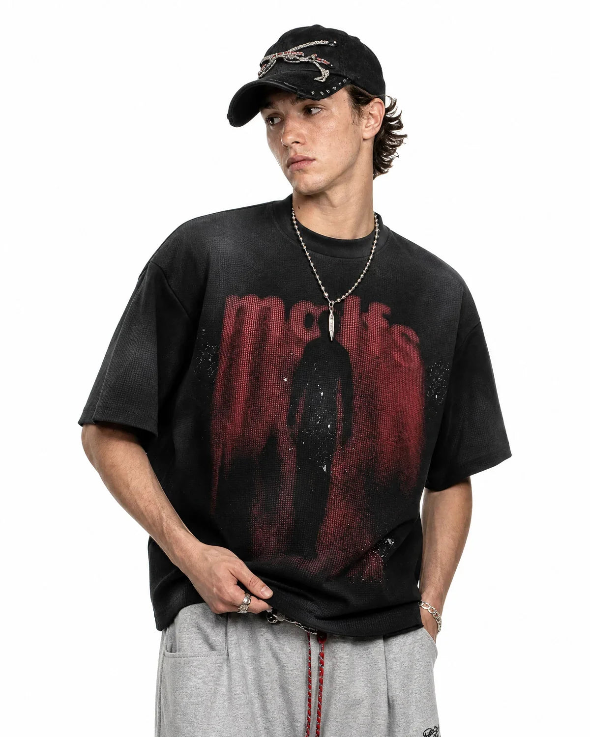 Black Gothic letter print cotton T-shirt by Flation Streetwear, showcasing bold Gothic-style lettering on the front.