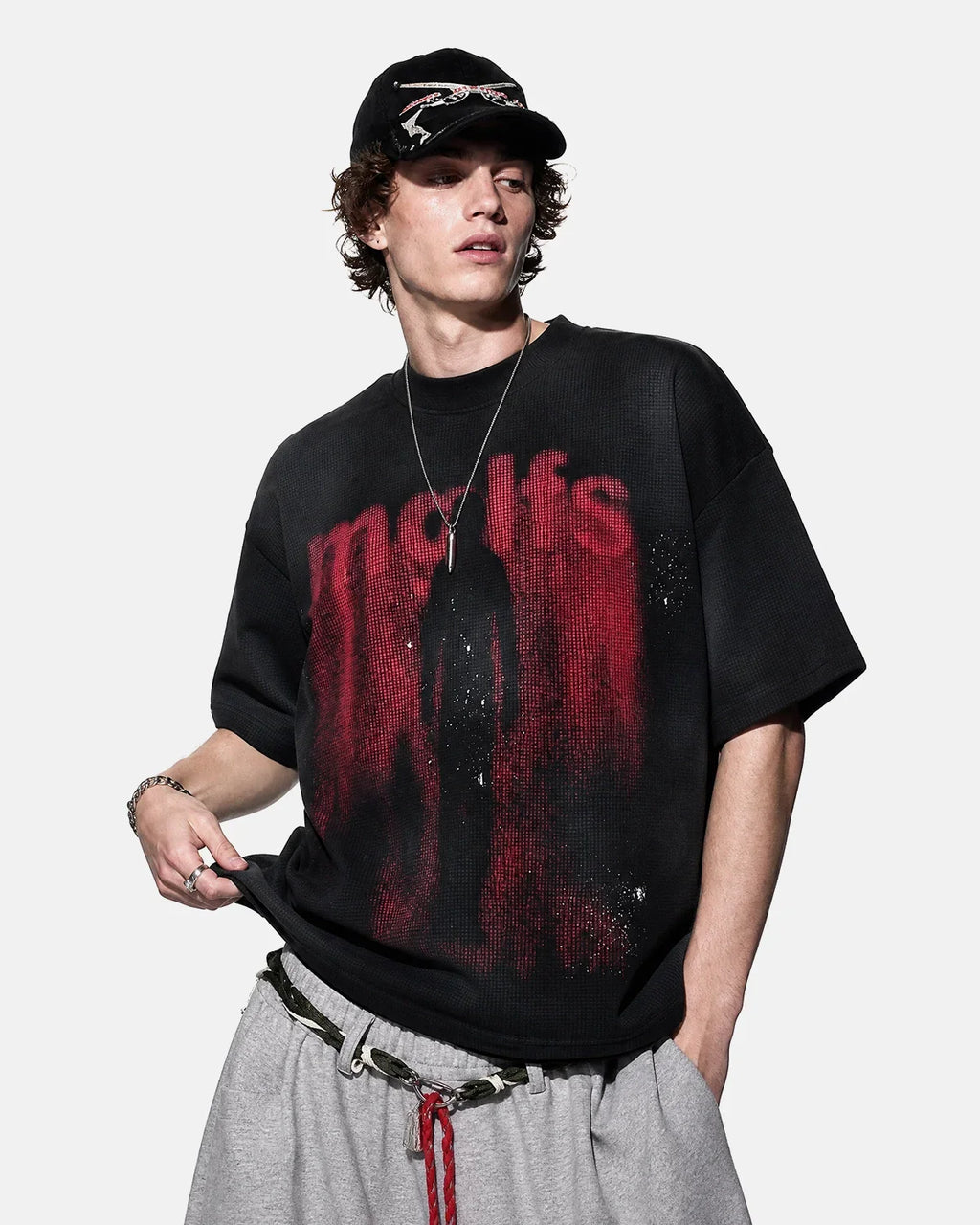Black Gothic letter print cotton T-shirt by Flation Streetwear, featuring bold gothic-style design on front.