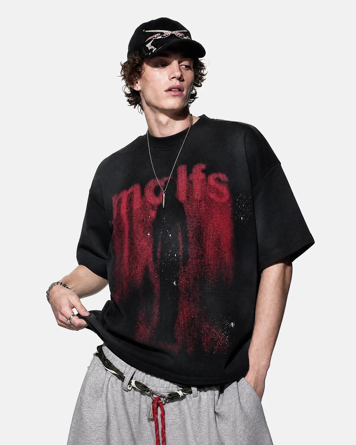 Black Gothic letter print cotton T-shirt by Flation Streetwear, featuring bold gothic-style design on front.