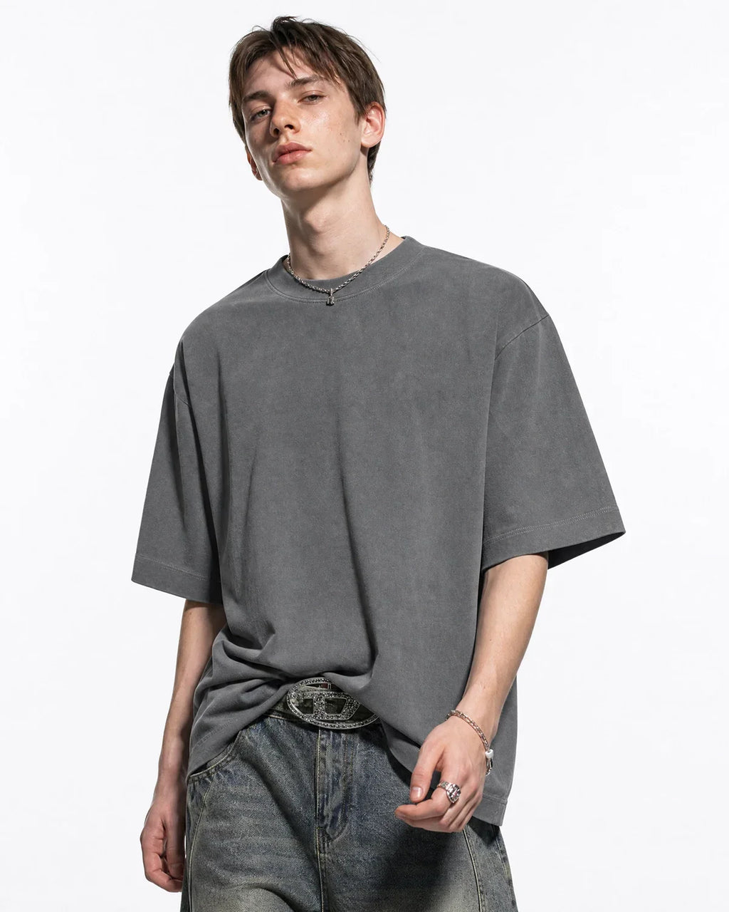 Blue acid washed cotton T-shirt by Flation Streetwear, casual fit with distressed style and soft fabric visible.