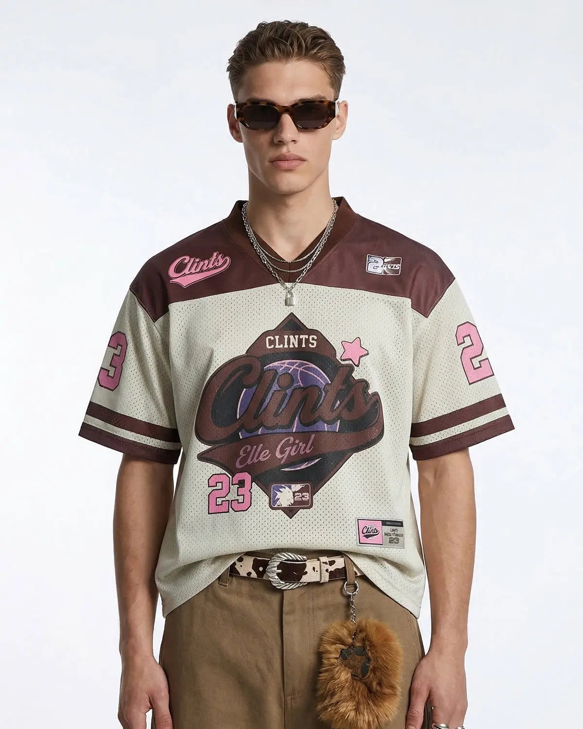 Breathable V-neck mesh jersey T-shirt by Flation Streetwear featuring an oversized fit and retro graphic design.