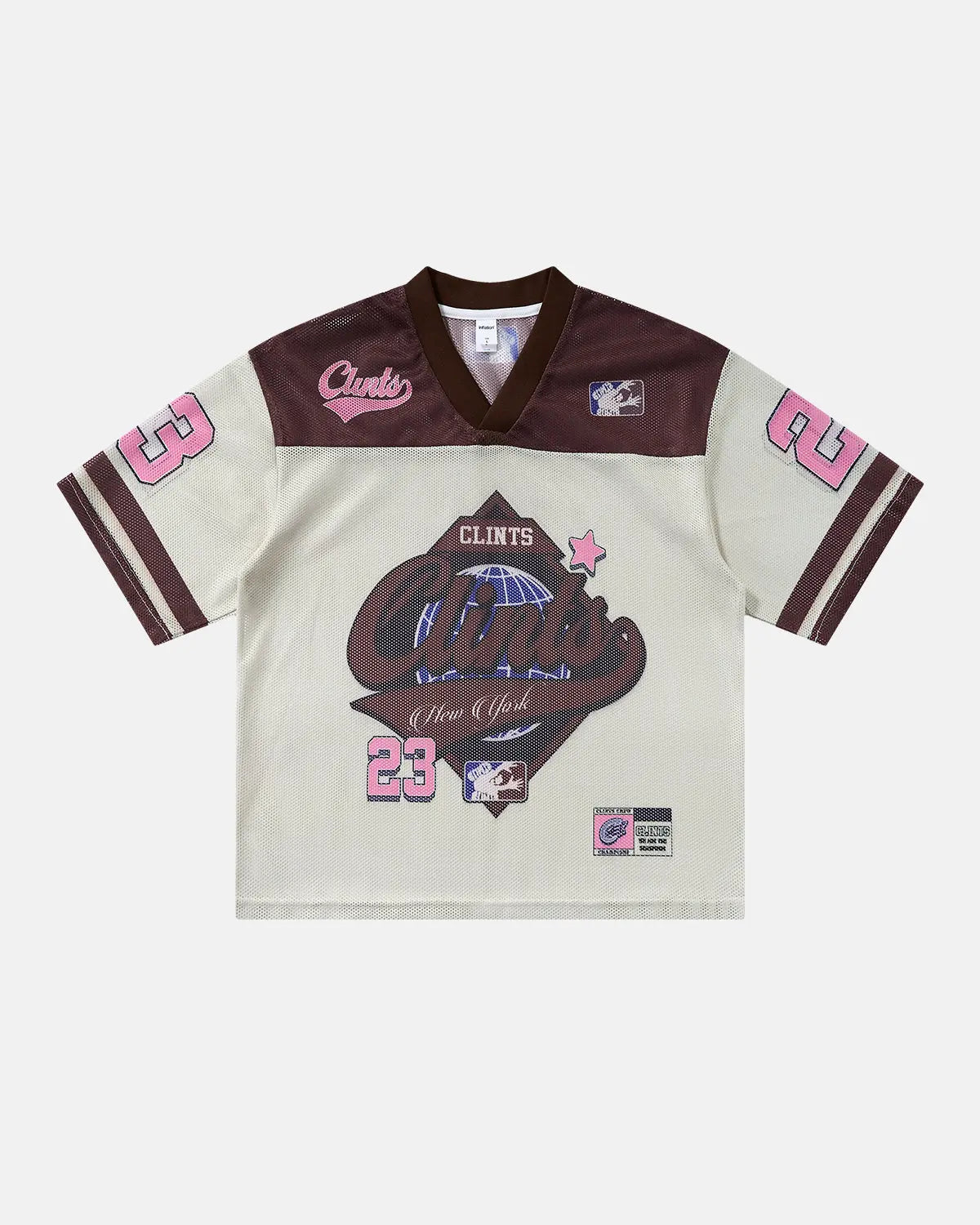 Retro graphic mesh jersey t-shirt by Flation Streetwear featuring bold street art design and breathable mesh fabric.
