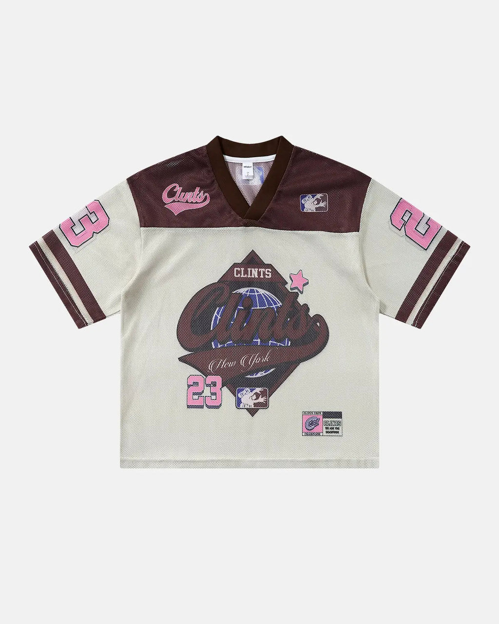 Retro graphic mesh jersey T-shirt by Flation Streetwear featuring bold printed design and breathable mesh fabric.