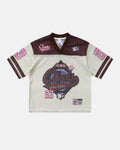 Retro graphic mesh jersey T-shirt by Flation Streetwear featuring bold printed design and breathable mesh fabric.