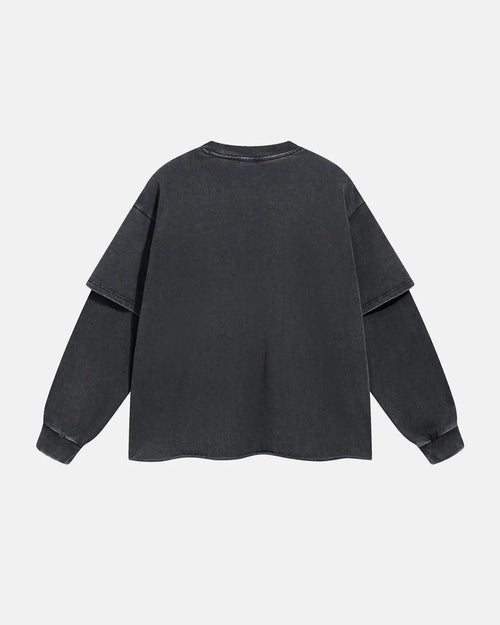 Black acid wash layered T-shirt by Flation Streetwear, featuring a relaxed fit and street style design.