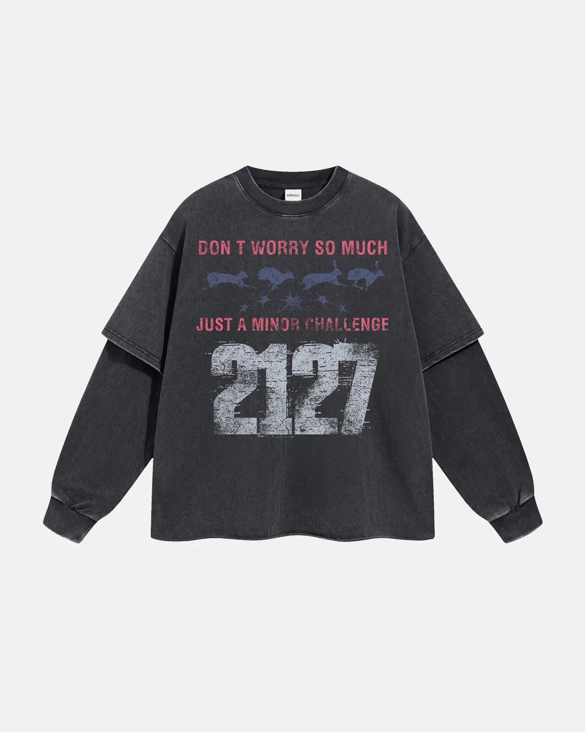 Black acid wash layered T-shirt by Flation Streetwear, featuring a relaxed fit and distressed fabric for a casual street style look.