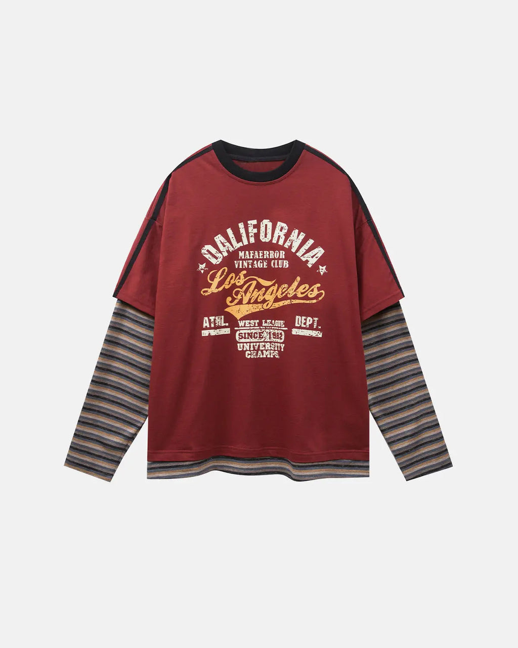 Flation Retro Letter Print Layered Stripe T-Shirt showing colorful striped design and bold lettering on casual streetwear tee.