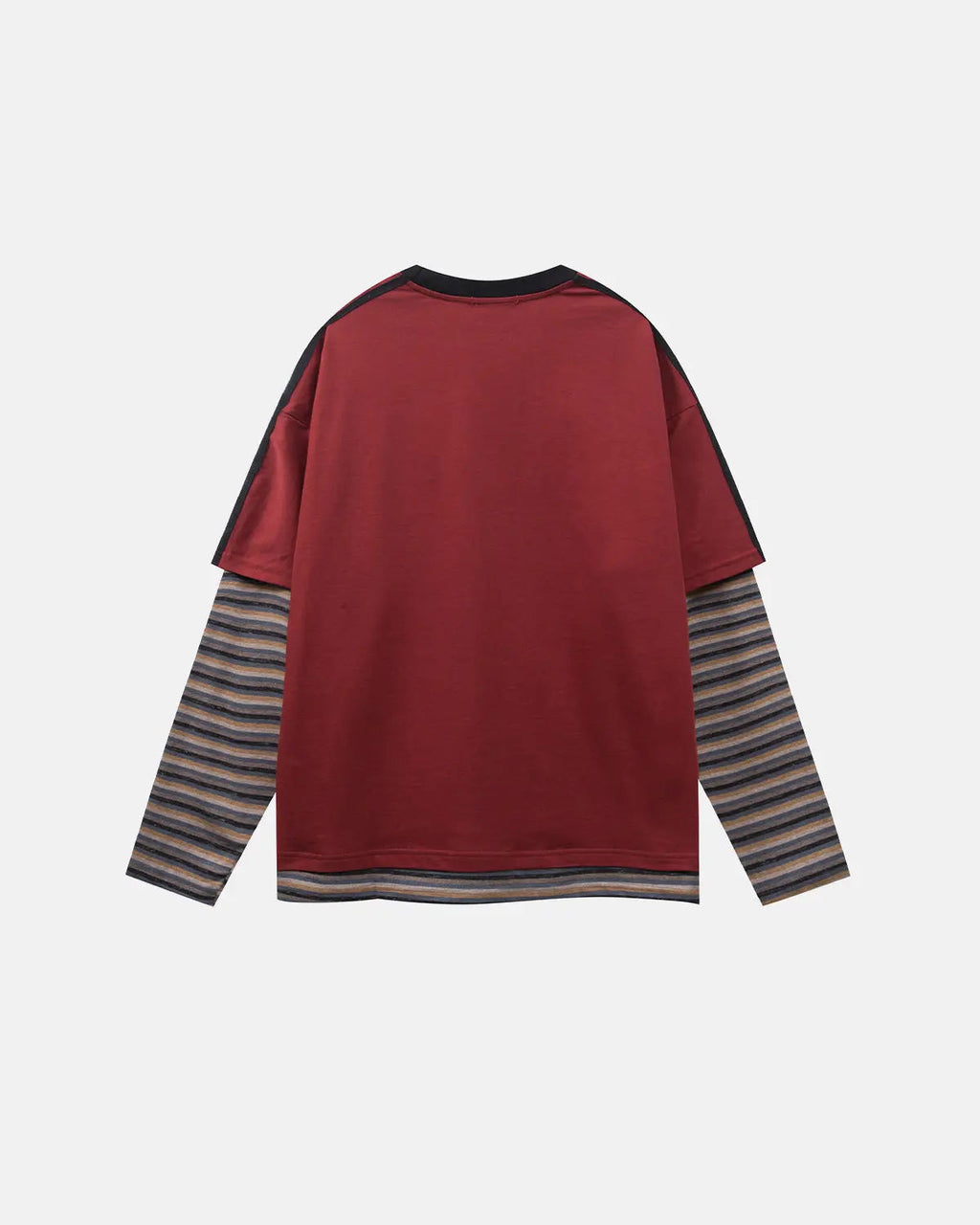 Flation Retro Letter Print Layered Stripe T-Shirt displaying colorful layered stripes and vintage-inspired letter graphics.
