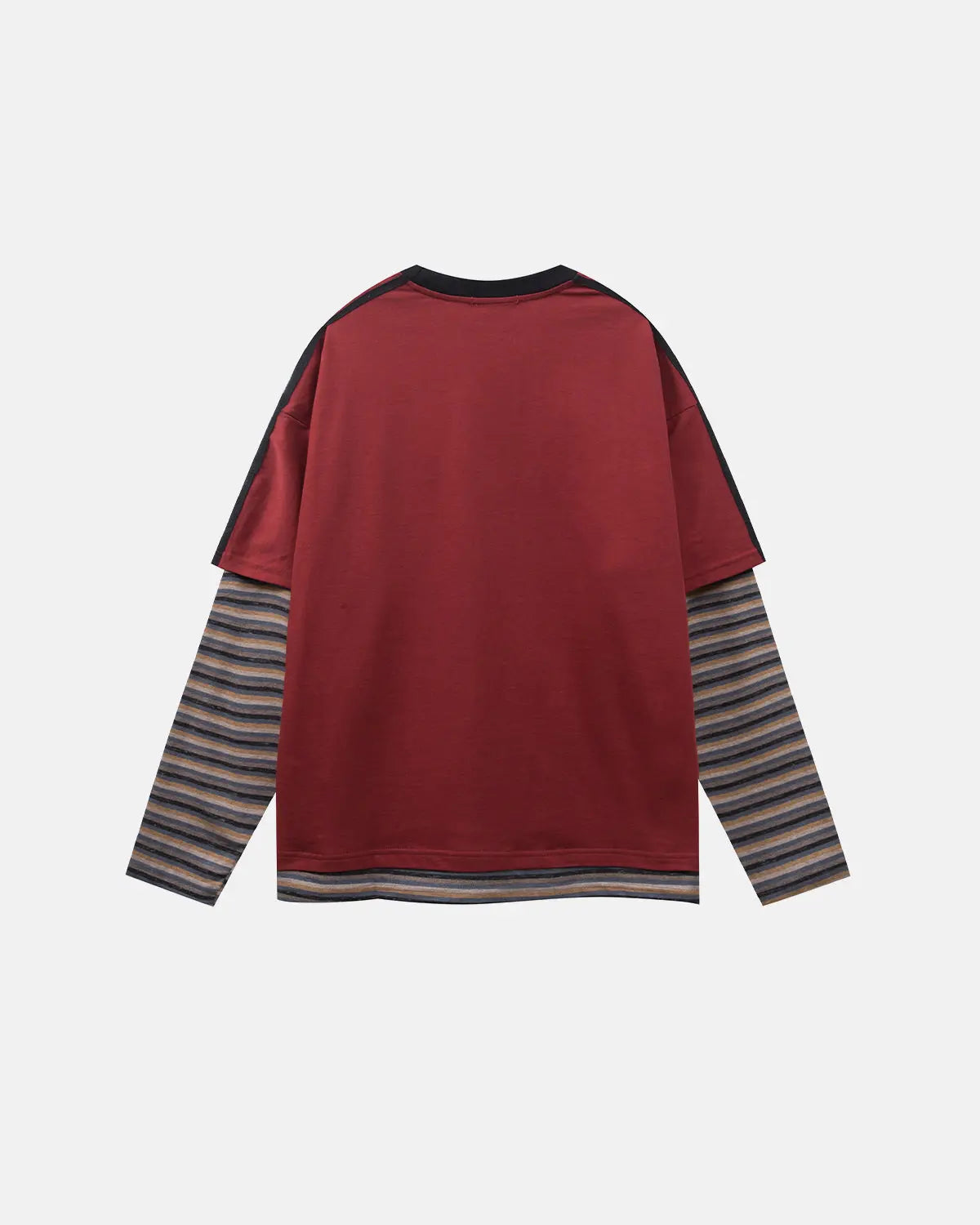 Flation Retro Letter Print Layered Stripe T-Shirt displaying colorful layered stripes and vintage-inspired letter graphics.