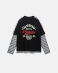 Retro letter print layered stripe T-shirt by Flation Streetwear, featuring bold letter graphics and colorful striped design.