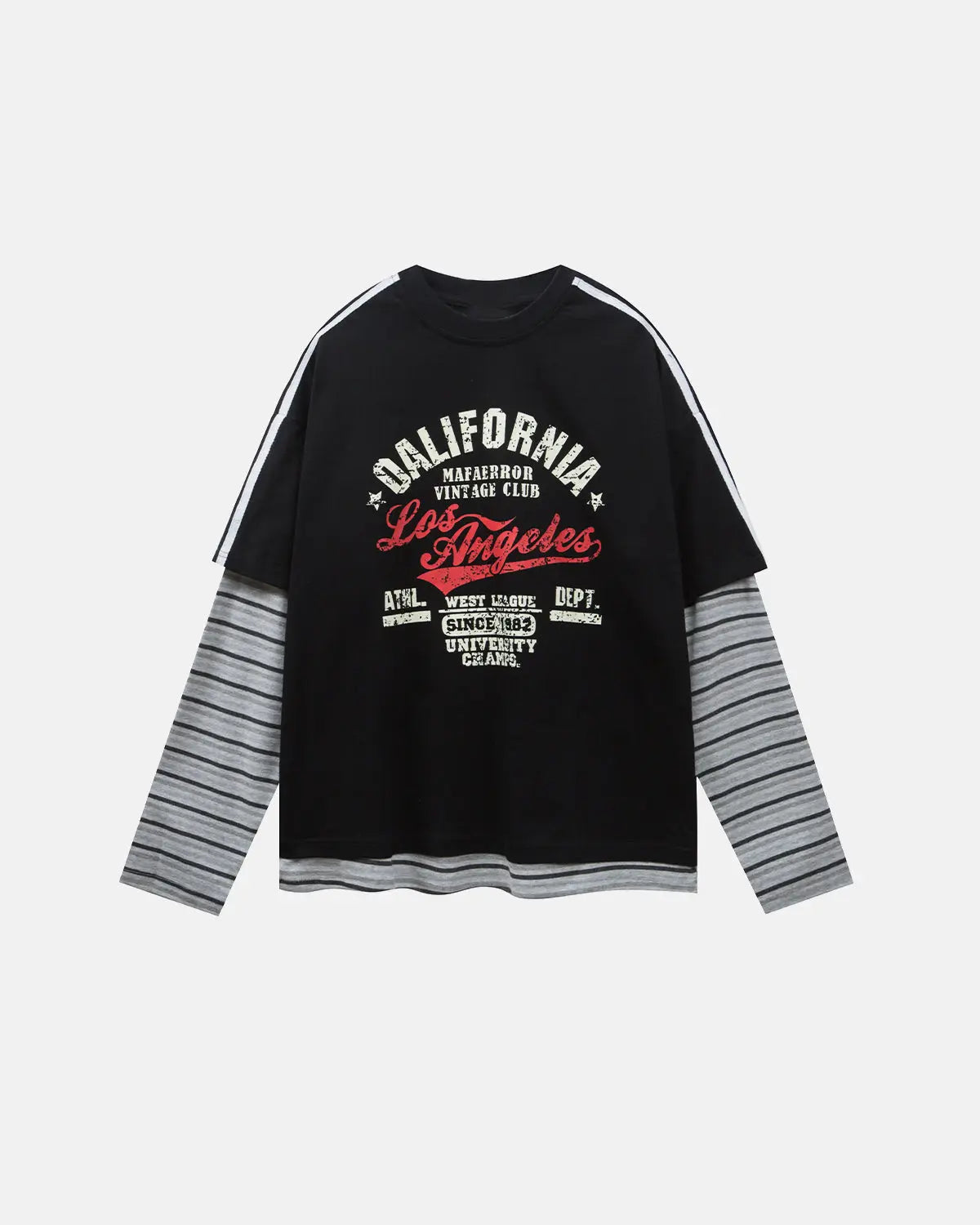 Retro letter print layered stripe T-shirt by Flation Streetwear, featuring bold letter graphics and colorful striped design.