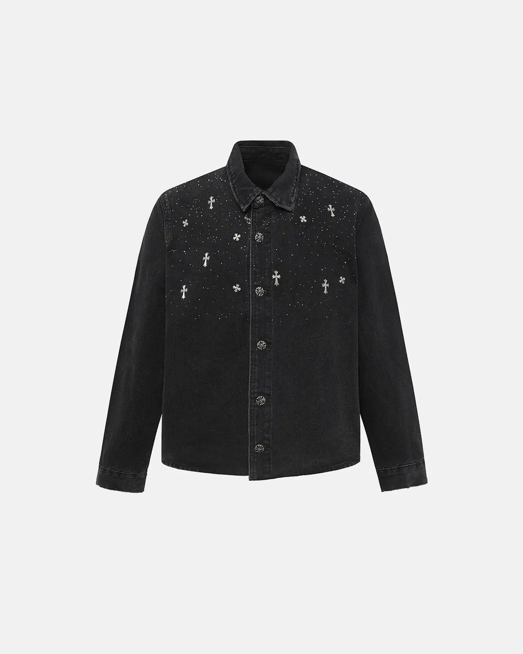Black Flation T-shirt featuring a starry cross rhinestone design on washed denim fabric, casual streetwear style.