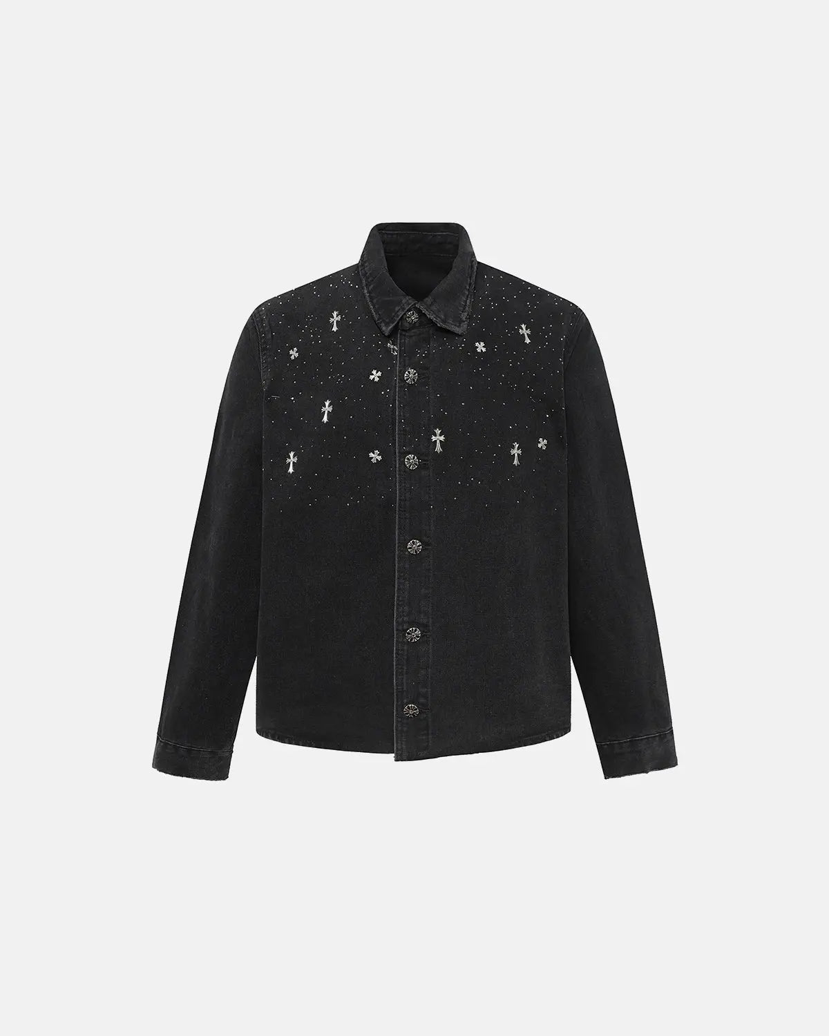Black Flation T-shirt featuring a starry cross rhinestone design on washed denim fabric, casual streetwear style.