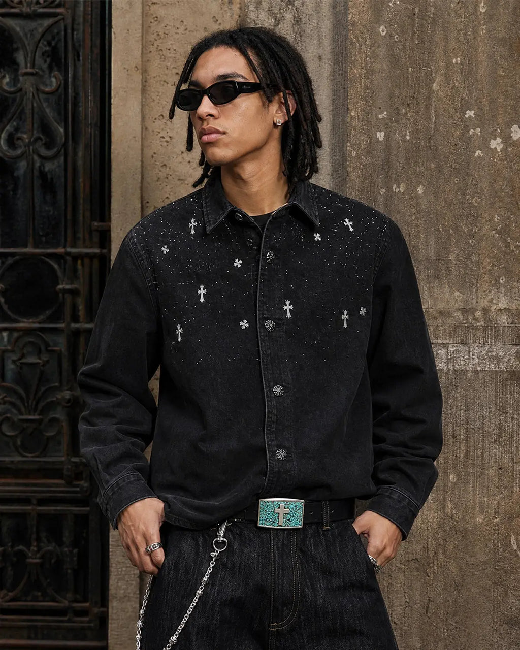 Black Flation Streetwear T-shirt featuring a starry cross rhinestone design on washed denim fabric.