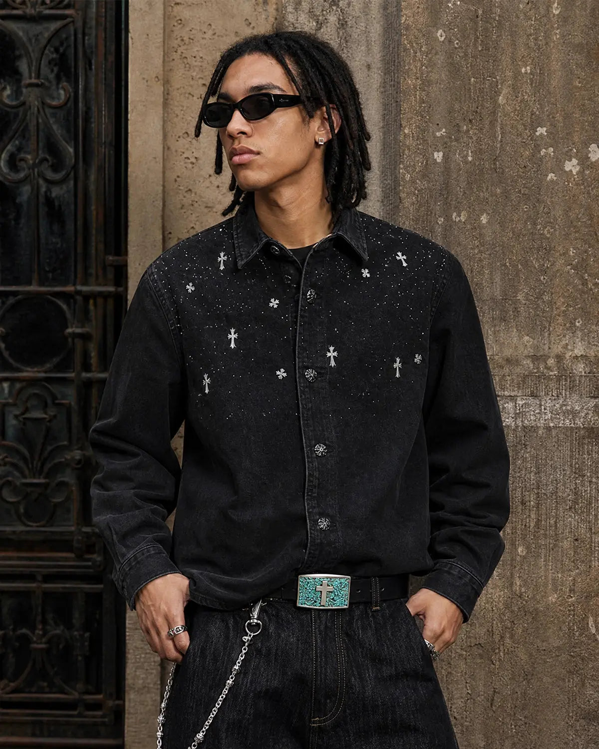 Black Flation Streetwear T-shirt featuring a starry cross rhinestone design on washed denim fabric.