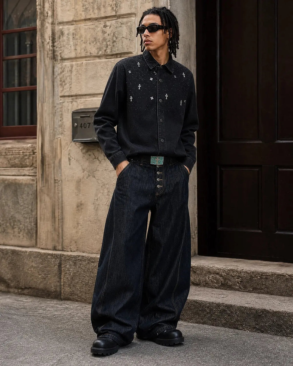 Black Flation Starry Cross Rhinestone washed denim T-shirt with printed design, casual streetwear style.