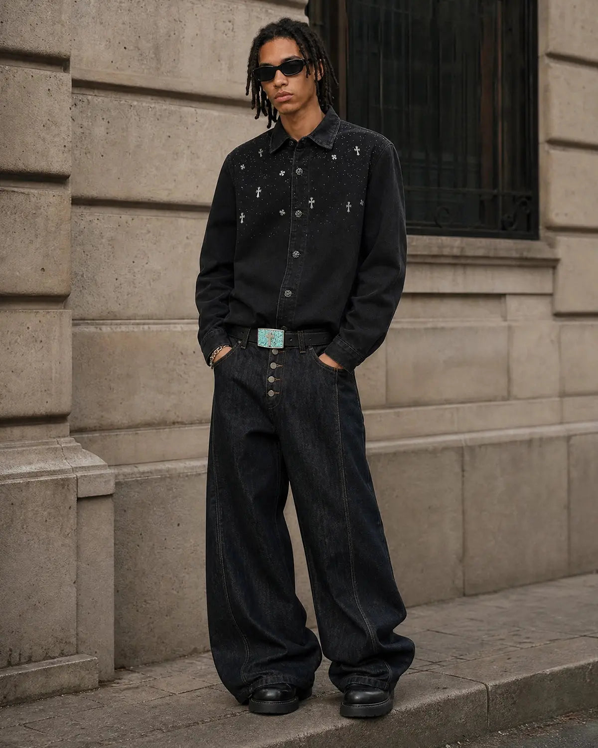 Black Flation Streetwear T-shirt featuring a starry cross rhinestone design on washed denim fabric.