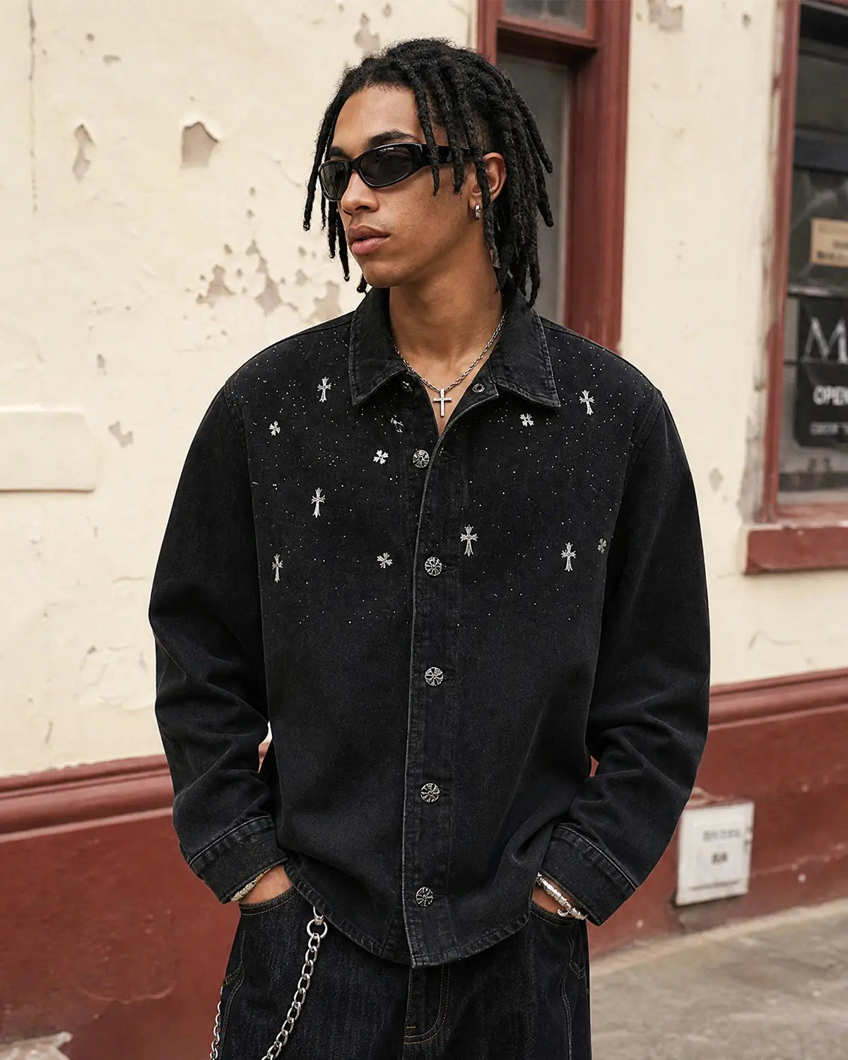Black Flation streetwear T-shirt featuring a starry cross rhinestone design on washed denim fabric.