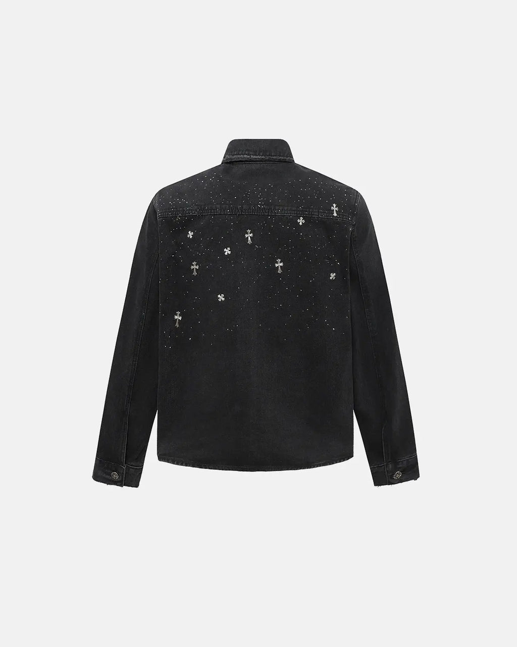 Black Flation T-shirt featuring a starry cross rhinestone design on washed denim fabric, streetwear style.