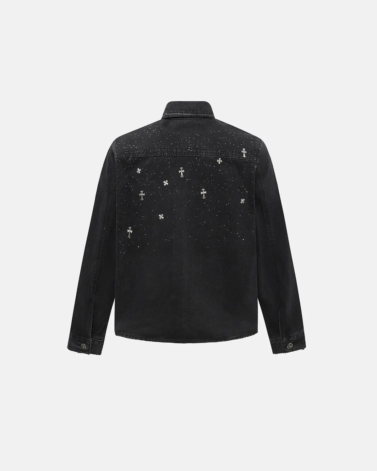 Black Flation T-shirt featuring a starry cross rhinestone design on washed denim fabric, streetwear style.