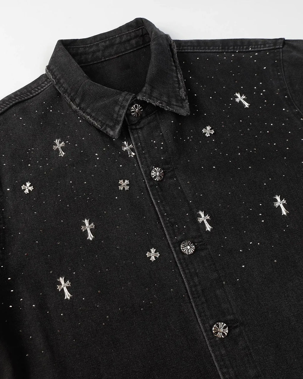 Black Flation T-shirt featuring a starry cross rhinestone design on washed denim fabric, stylish streetwear casual top.