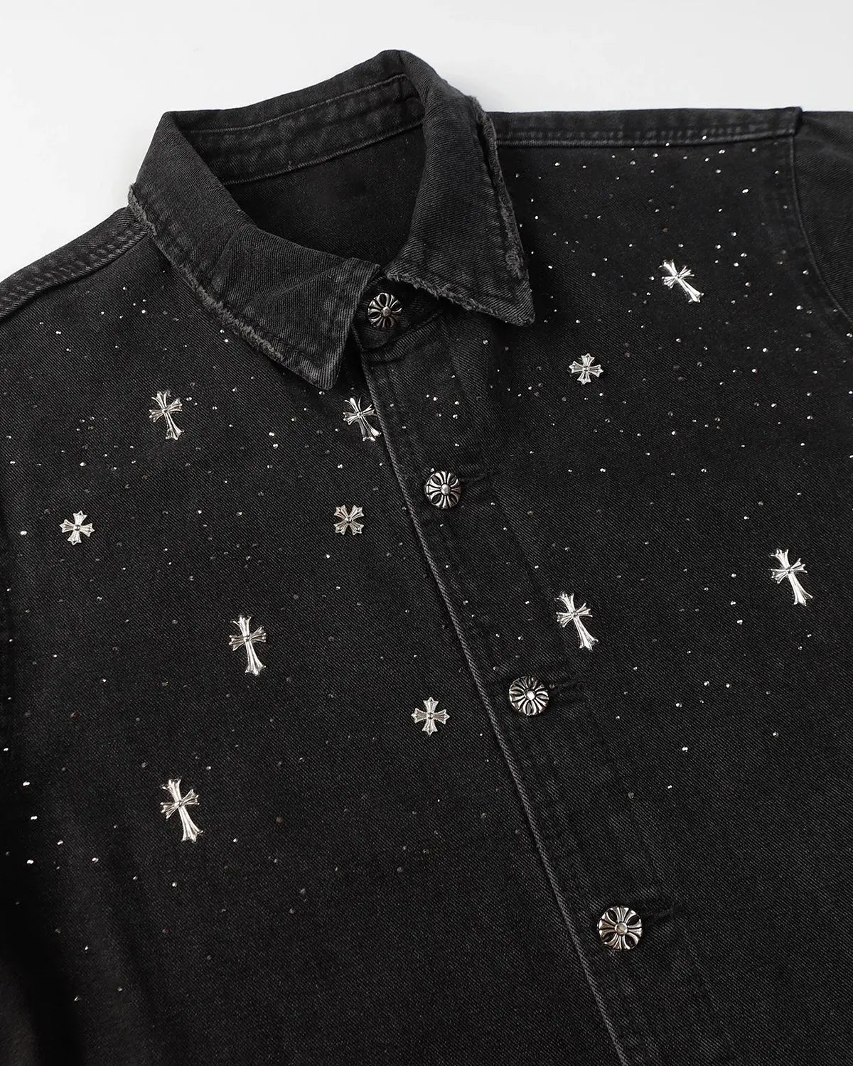 Black Flation T-shirt featuring a starry cross rhinestone design on washed denim fabric, stylish streetwear casual top.