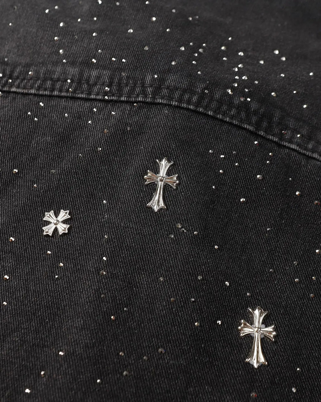Black Flation T-shirt featuring a starry cross rhinestone design on washed denim fabric, casual streetwear style.