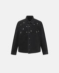 Black Flation Streetwear T-shirt featuring a starry cross rhinestone design on washed denim fabric.