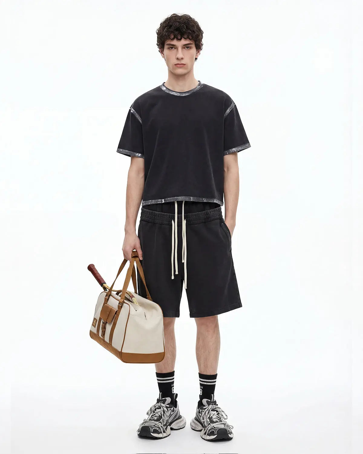 Black Flation Streetwear Dirty Wash Heavyweight Boxy T-Shirt, front view showing relaxed fit and distressed fabric details.