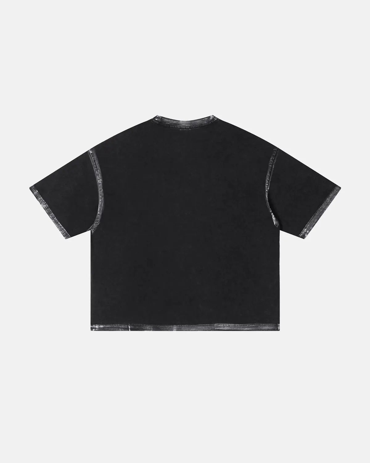 Black distressed painted graphic boxy T-shirt by Flation Streetwear, showcasing a bold urban design and relaxed fit.