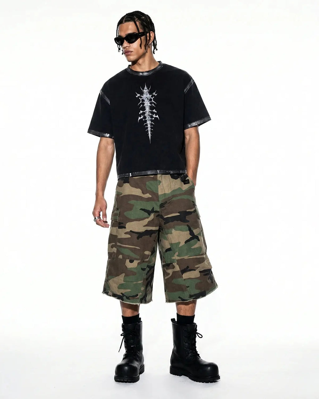 Black Flation Streetwear distressed painted graphic boxy T-shirt with bold design and relaxed fit, casual streetwear style.