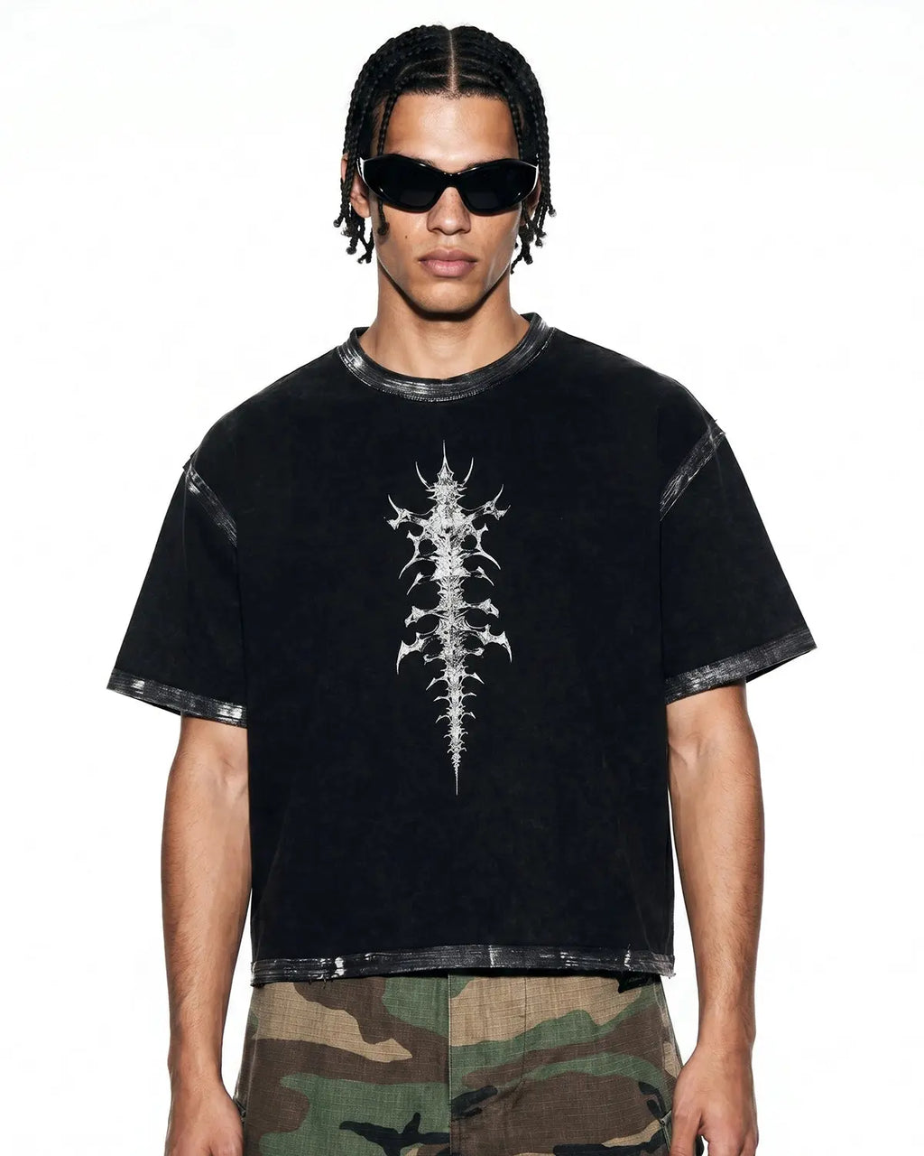 Black distressed painted graphic boxy T-shirt by Flation Streetwear, featuring bold artistic print and relaxed fit.
