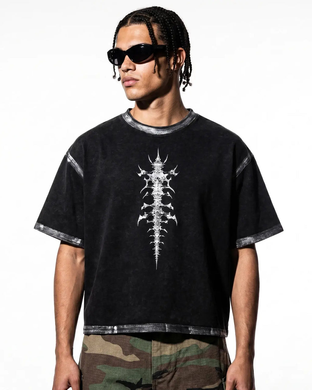 Black distressed painted graphic boxy T-shirt by Flation Streetwear, featuring bold artistic design and relaxed fit.