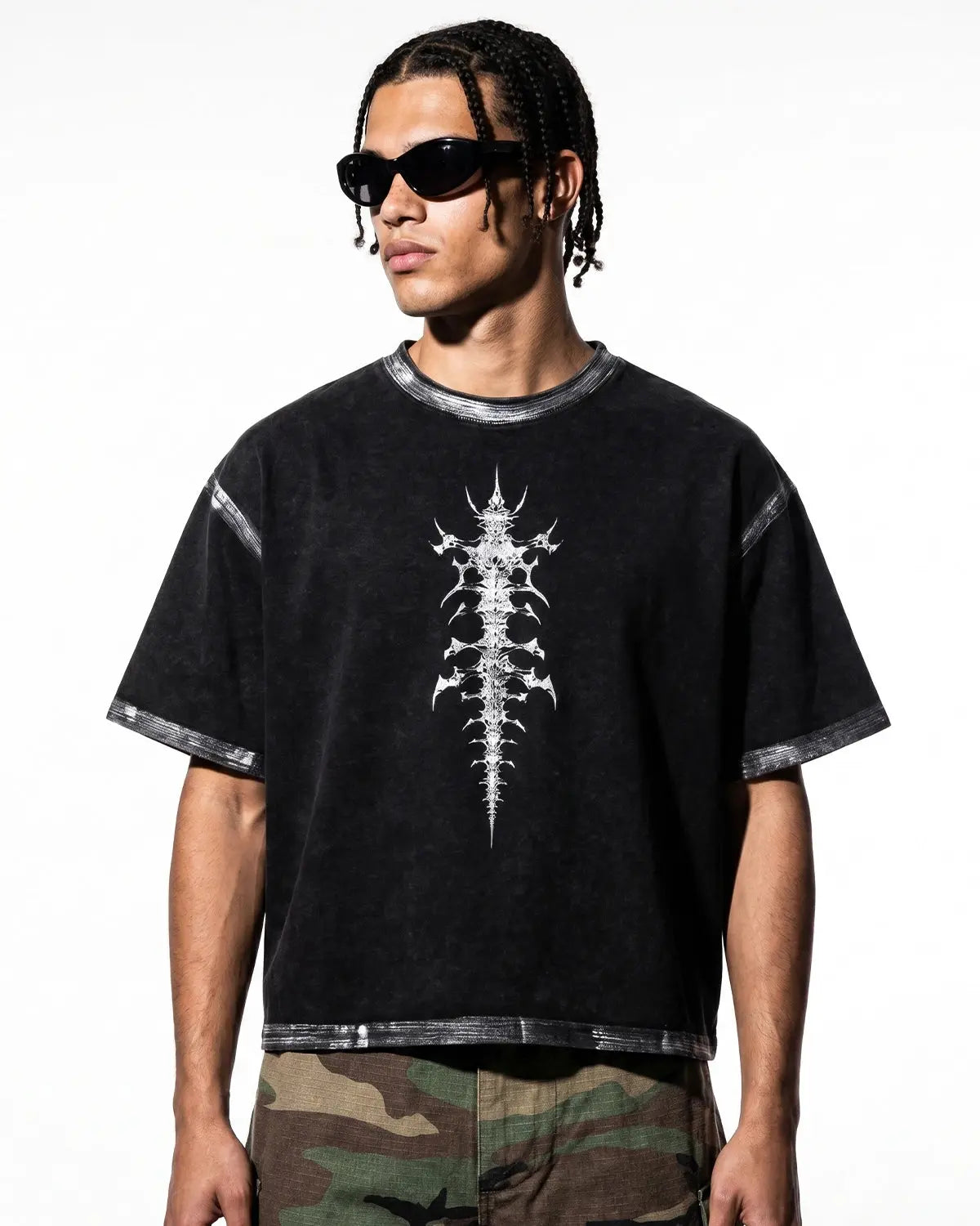 Black distressed painted graphic boxy T-shirt by Flation Streetwear, featuring bold artistic design and relaxed fit.