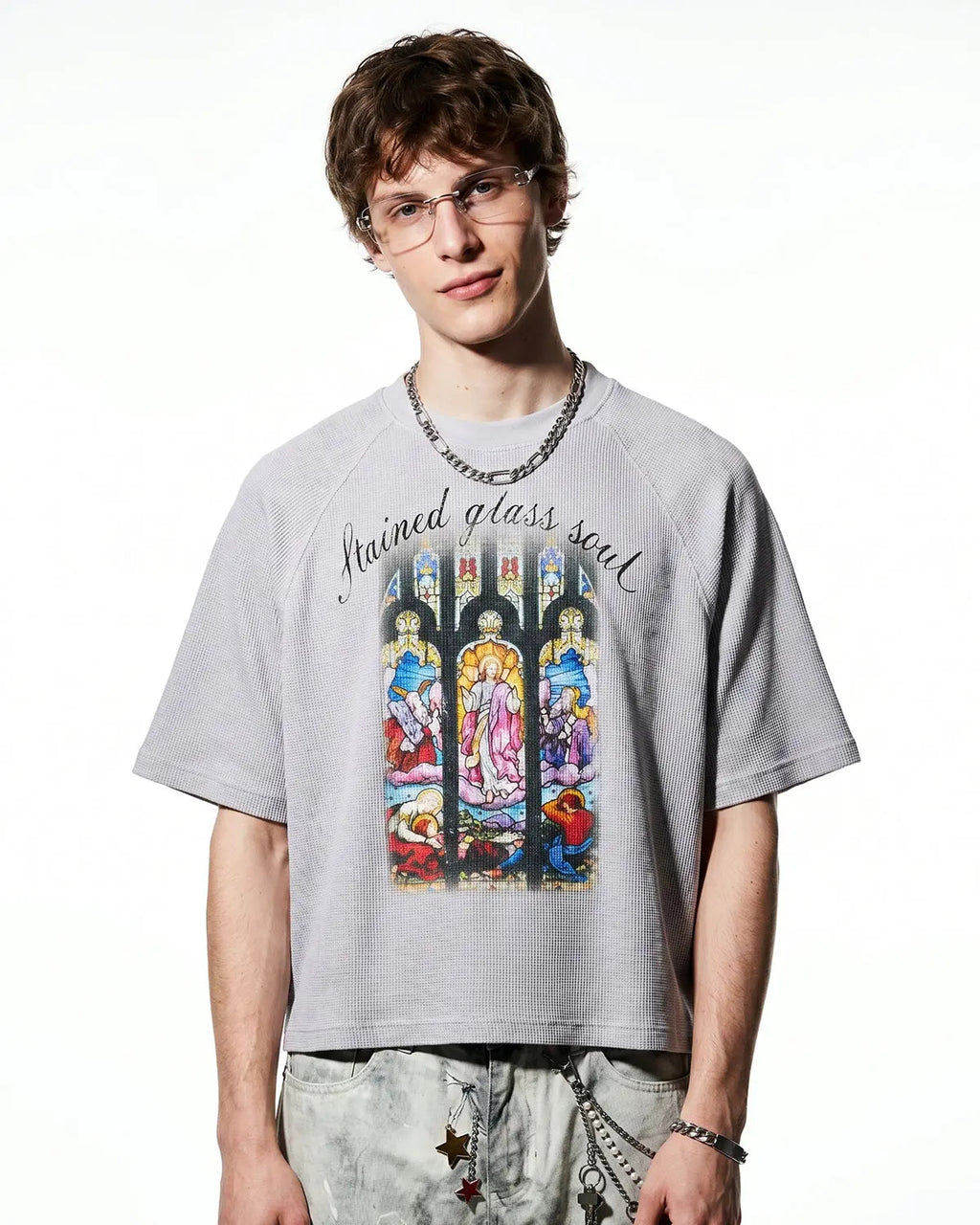 Black washed graphic boxy waffle T-shirt by Flation with bold streetwear design and relaxed fit.