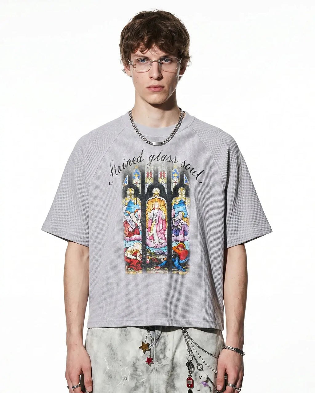 Black Flation washed graphic boxy waffle T-shirt with bold streetwear design, casual fit, and soft textured fabric.