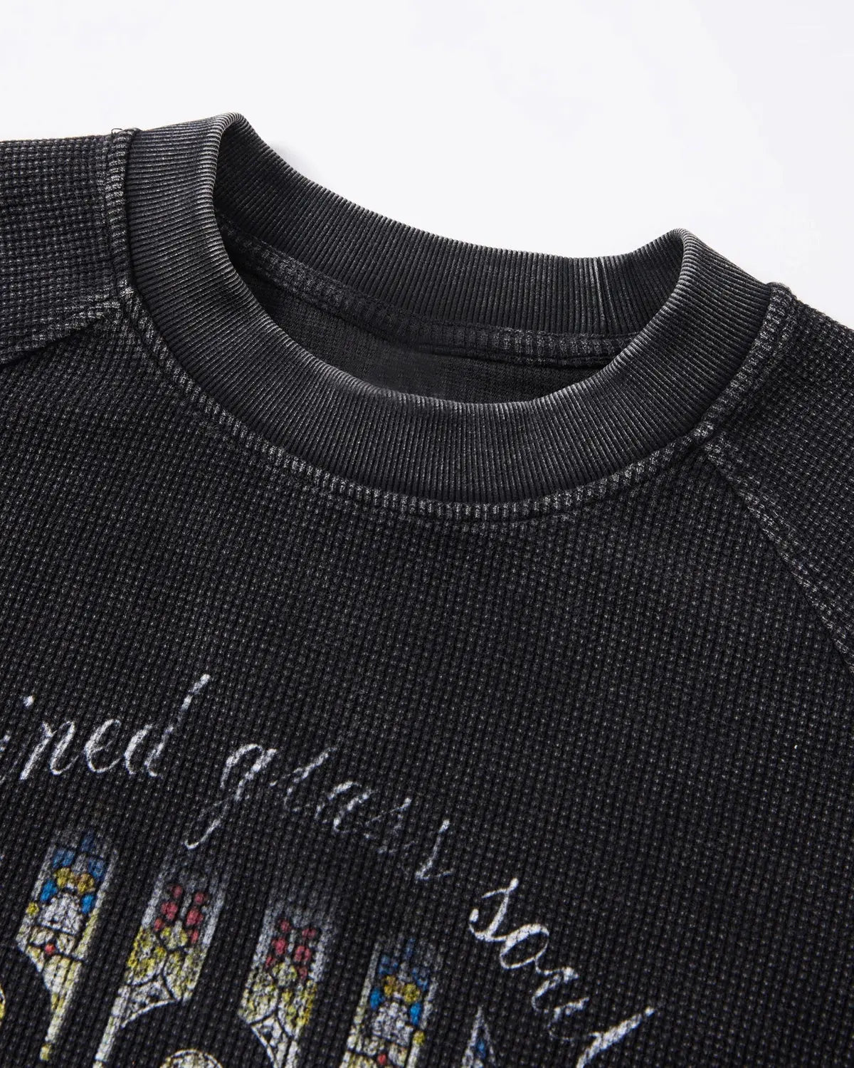Black Flation graphic boxy waffle T-shirt with washed finish, casual streetwear style, featuring bold graphic design.