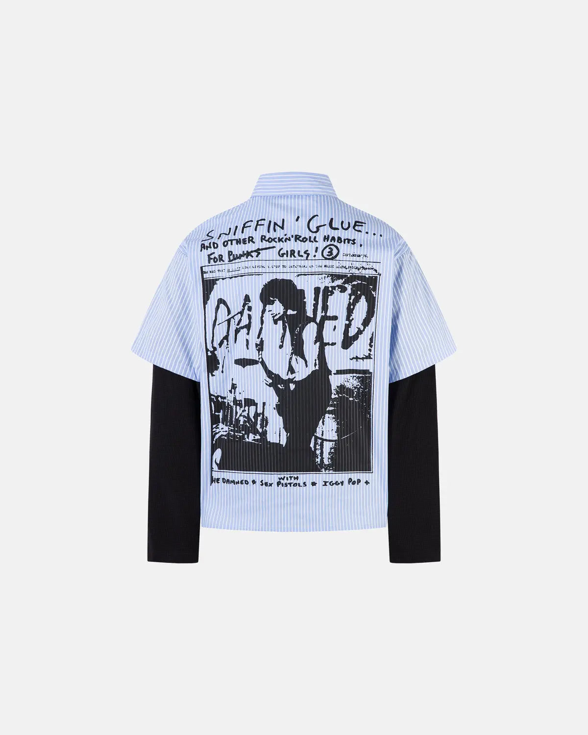 Blue striped graphic layered long-sleeve T-shirt by Flation Streetwear, featuring a bold graphic design and casual street style.