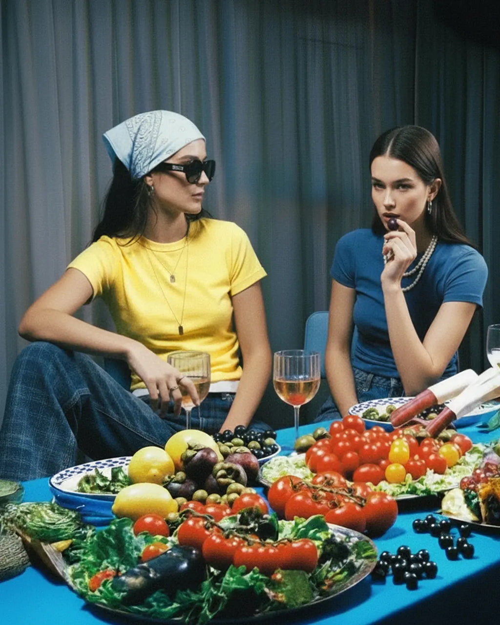 Blue stretch cooling crop fruit T-shirt by Flation Streetwear with blueberry print, perfect for casual, trendy wear.