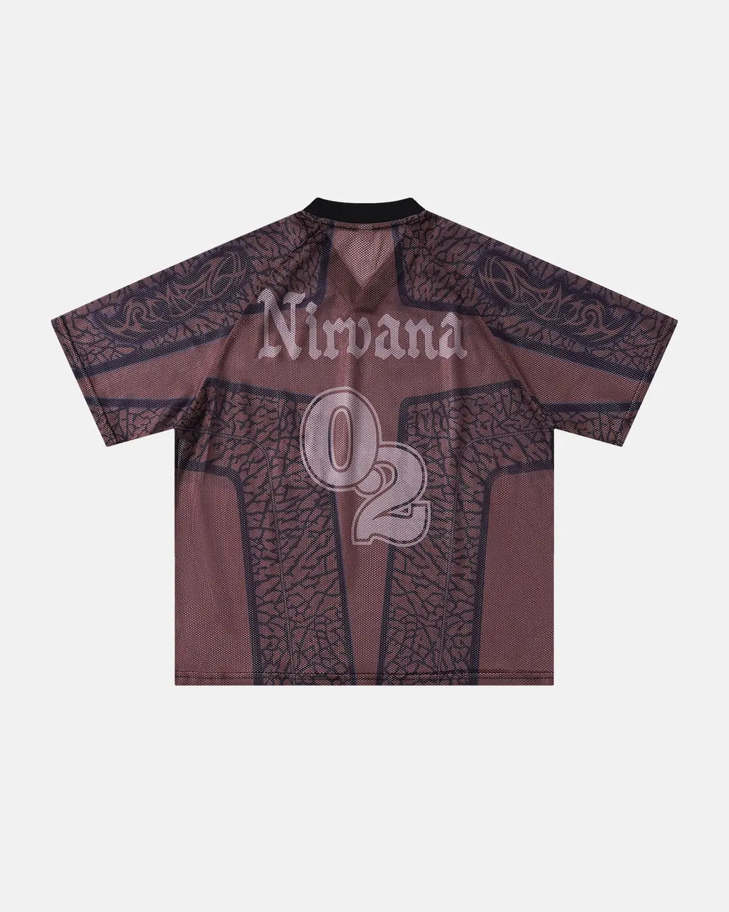 Brown Flation Streetwear tribal pattern mesh jersey t-shirt featuring bold tribal designs and lightweight breathable fabric.