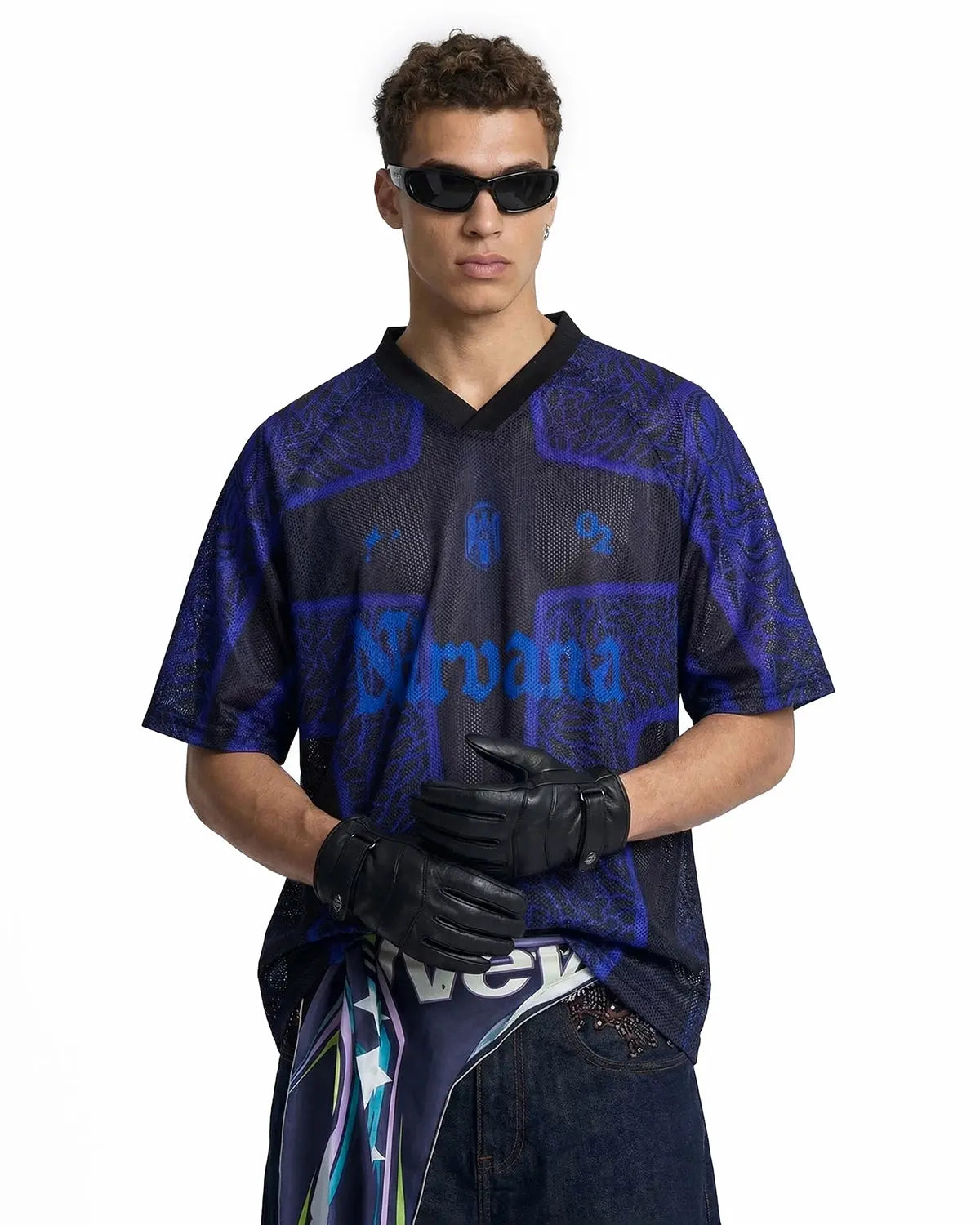 Brown Flation streetwear tribal pattern mesh jersey T-shirt with bold design and breathable fabric, styled for casual urban wear.