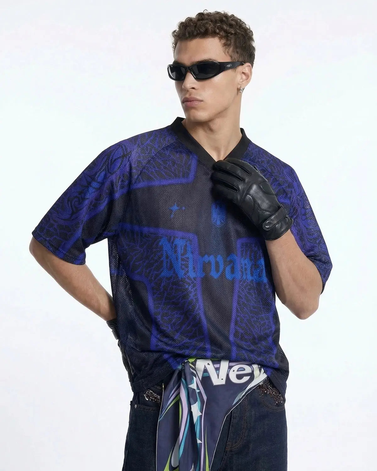Brown tribal pattern mesh T-shirt by Flation Streetwear featuring a stylish, breathable jersey fabric with bold tribal designs.