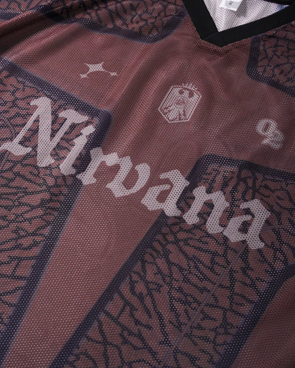 Brown tribal pattern mesh jersey t-shirt by Flation Streetwear, featuring a stylish tribal design and lightweight mesh fabric.
