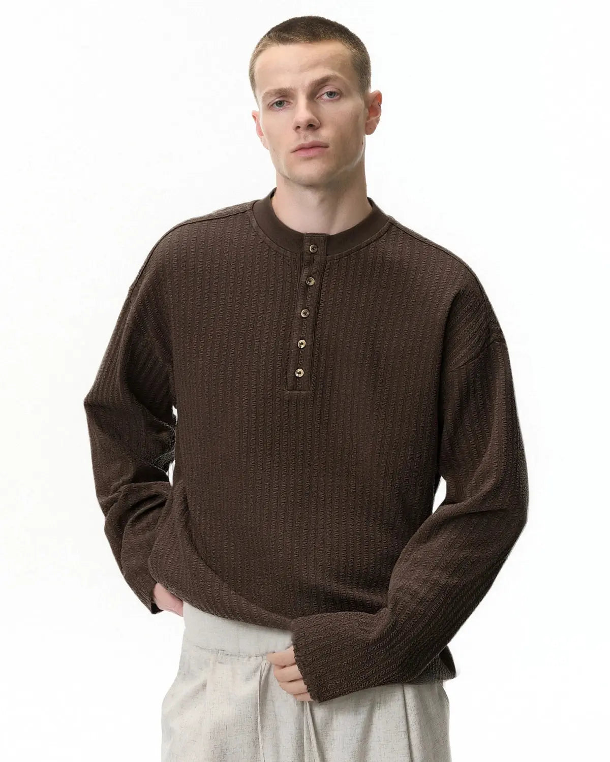 Flation Old Money Style Henley long sleeve T-shirt in neutral colors, featuring a classic collar and button placket, casual streetwear look.