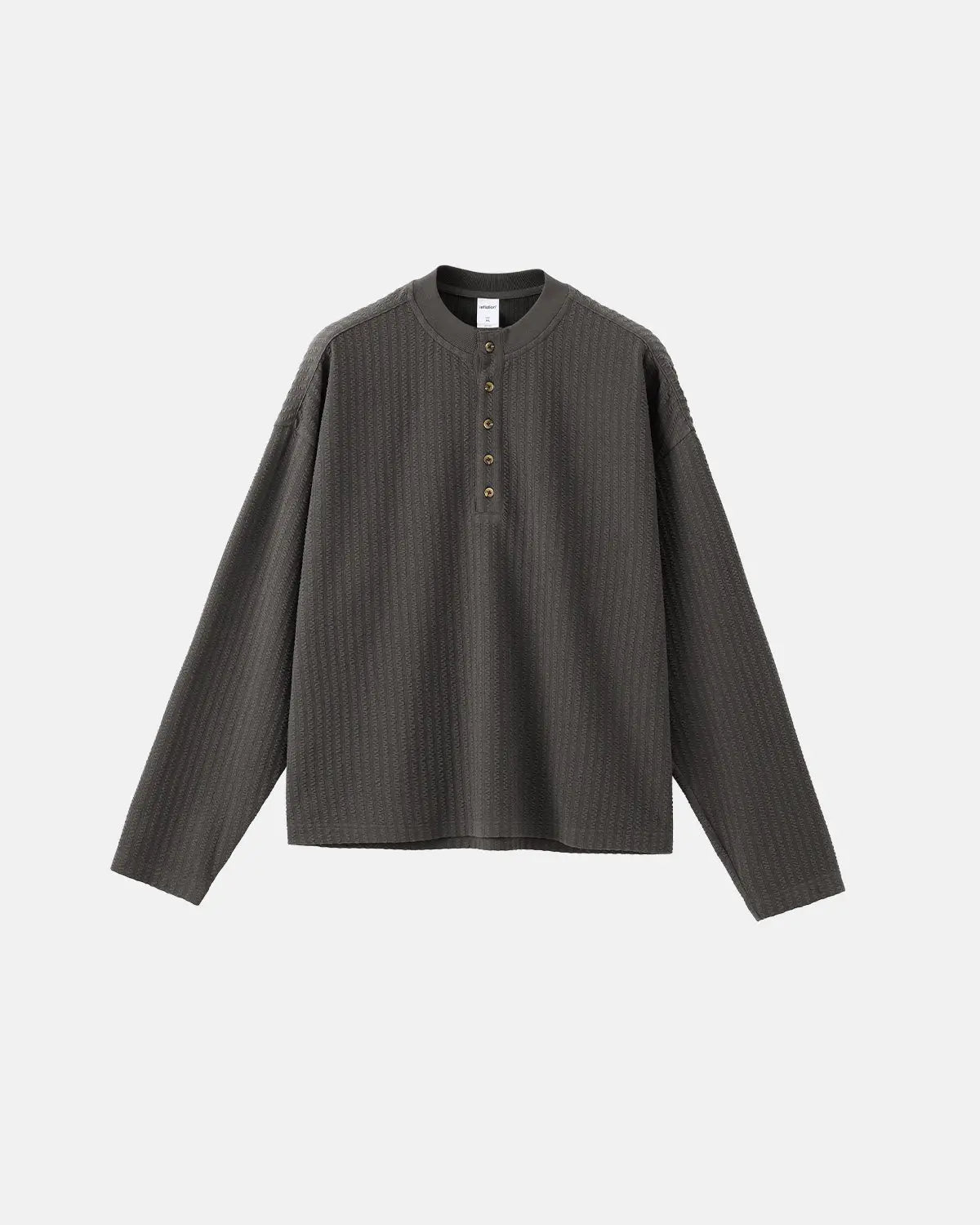 Flation Old Money Style Henley long sleeve T-shirt in neutral tones, casual streetwear look with buttoned neckline and relaxed fit.