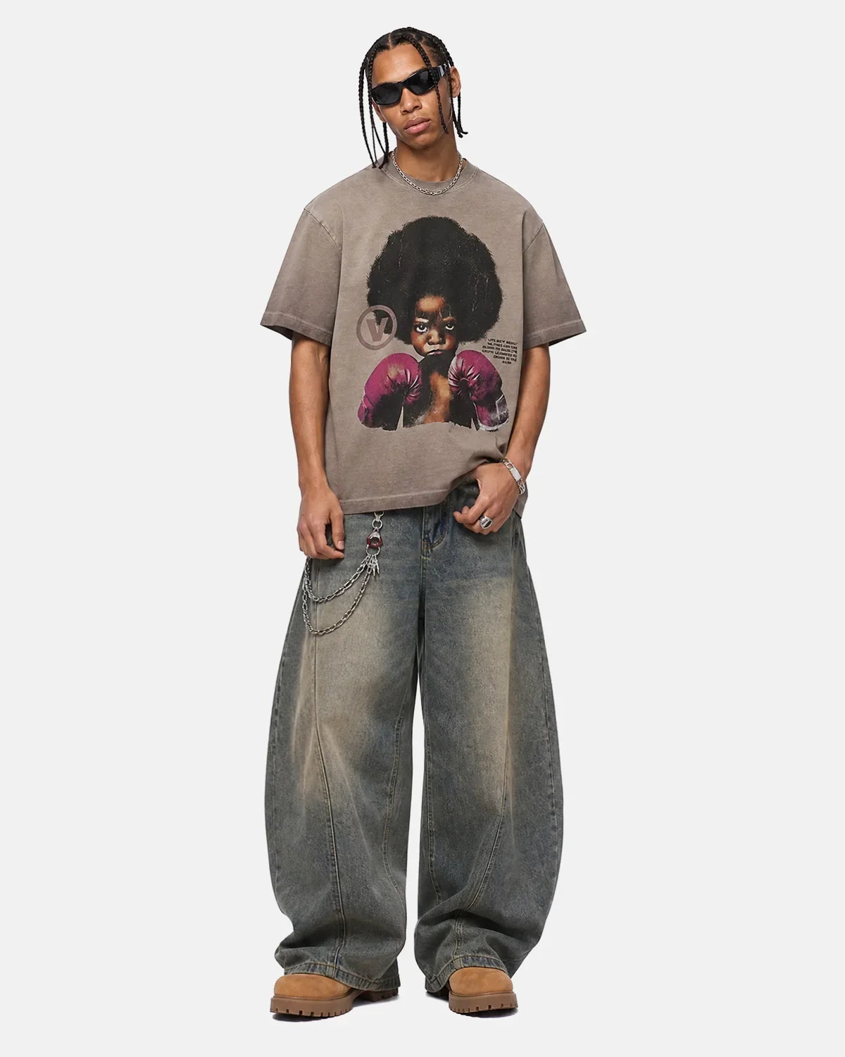 Gray vintage graphic oversized T-shirt by Flation Streetwear featuring bold streetwear-style print on the front.