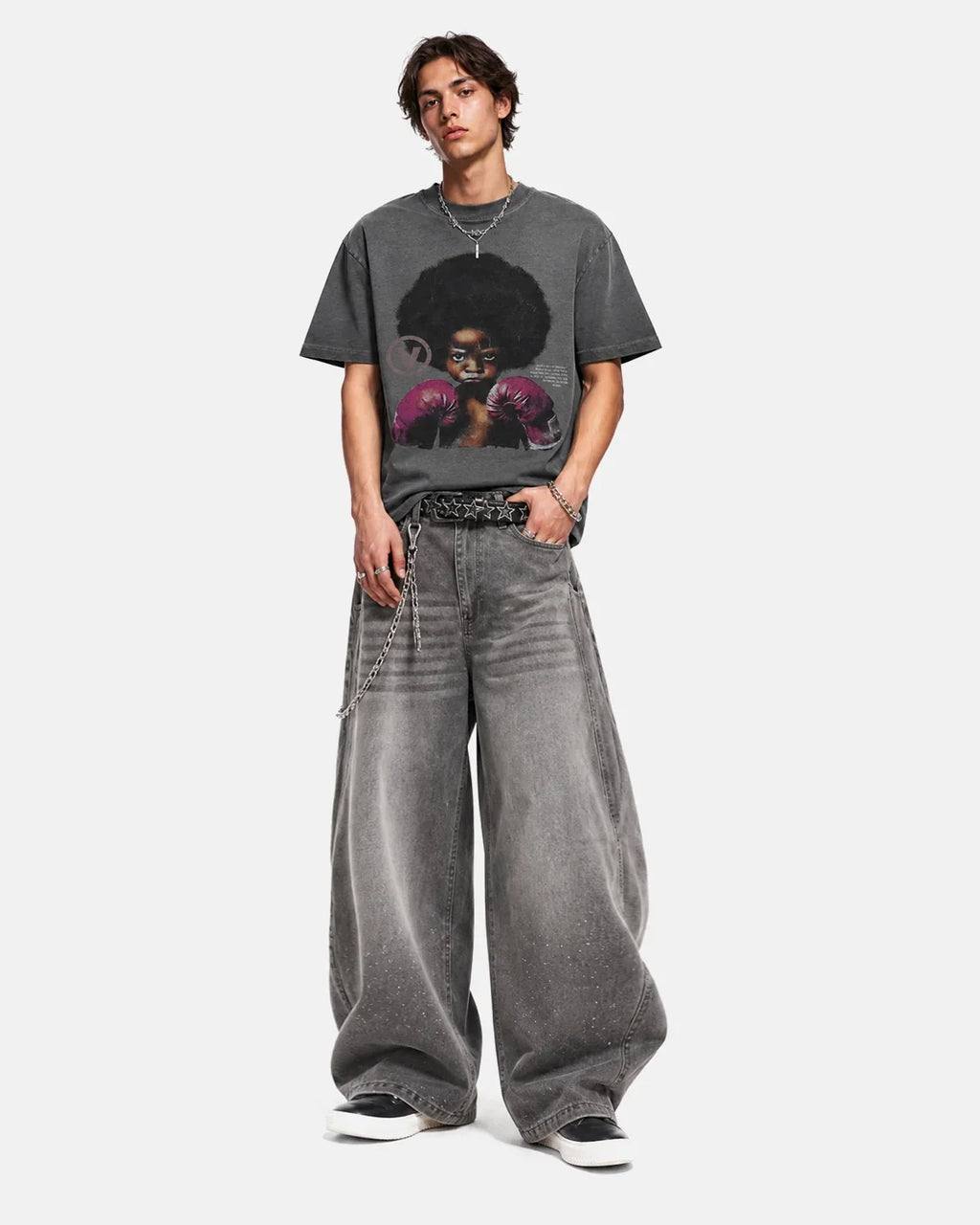 Gray vintage graphic oversized T-shirt by Flation Streetwear featuring bold streetwear-inspired design.