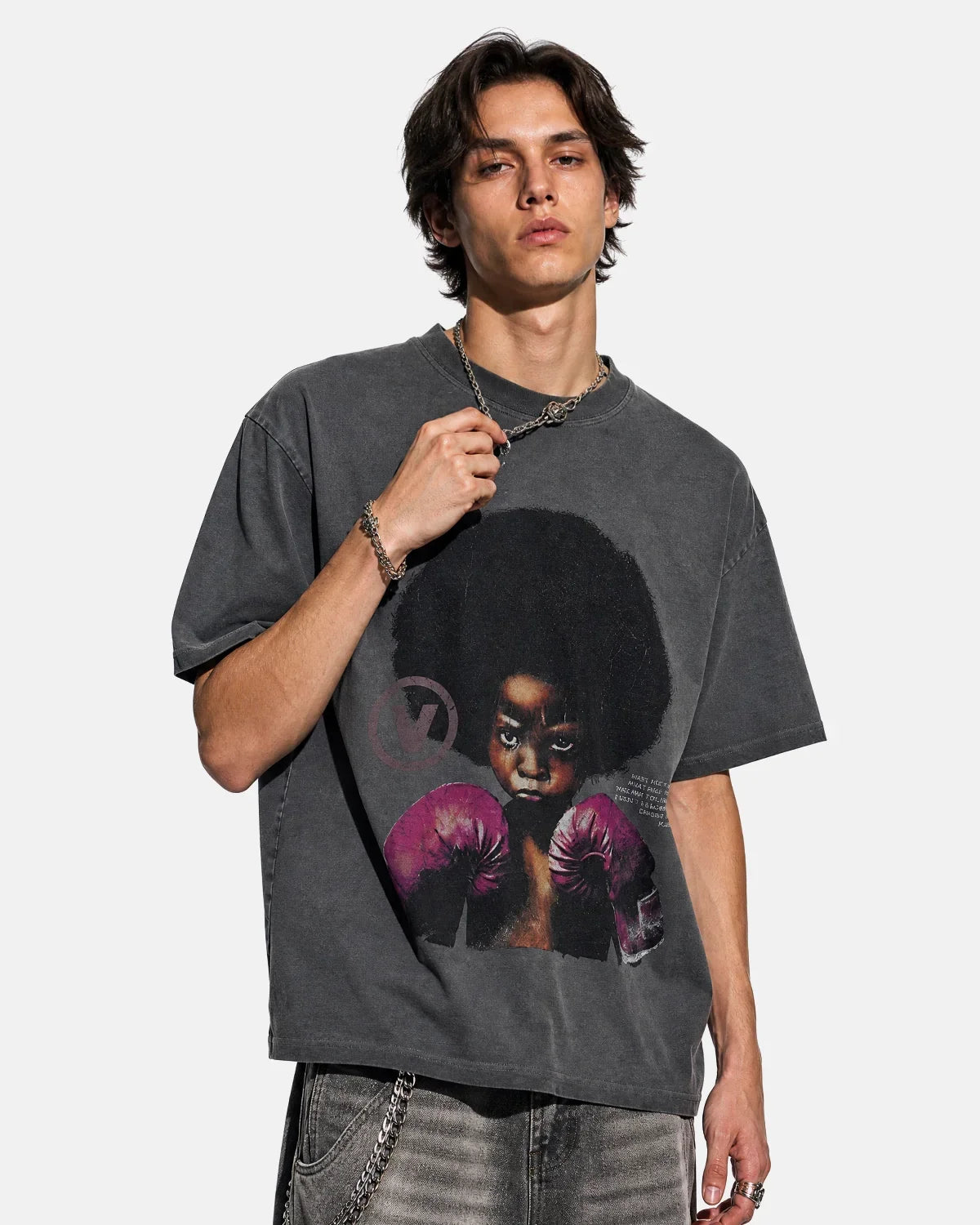 Gray vintage graphic oversized t-shirt by Flation Streetwear, featuring bold print and relaxed fit.