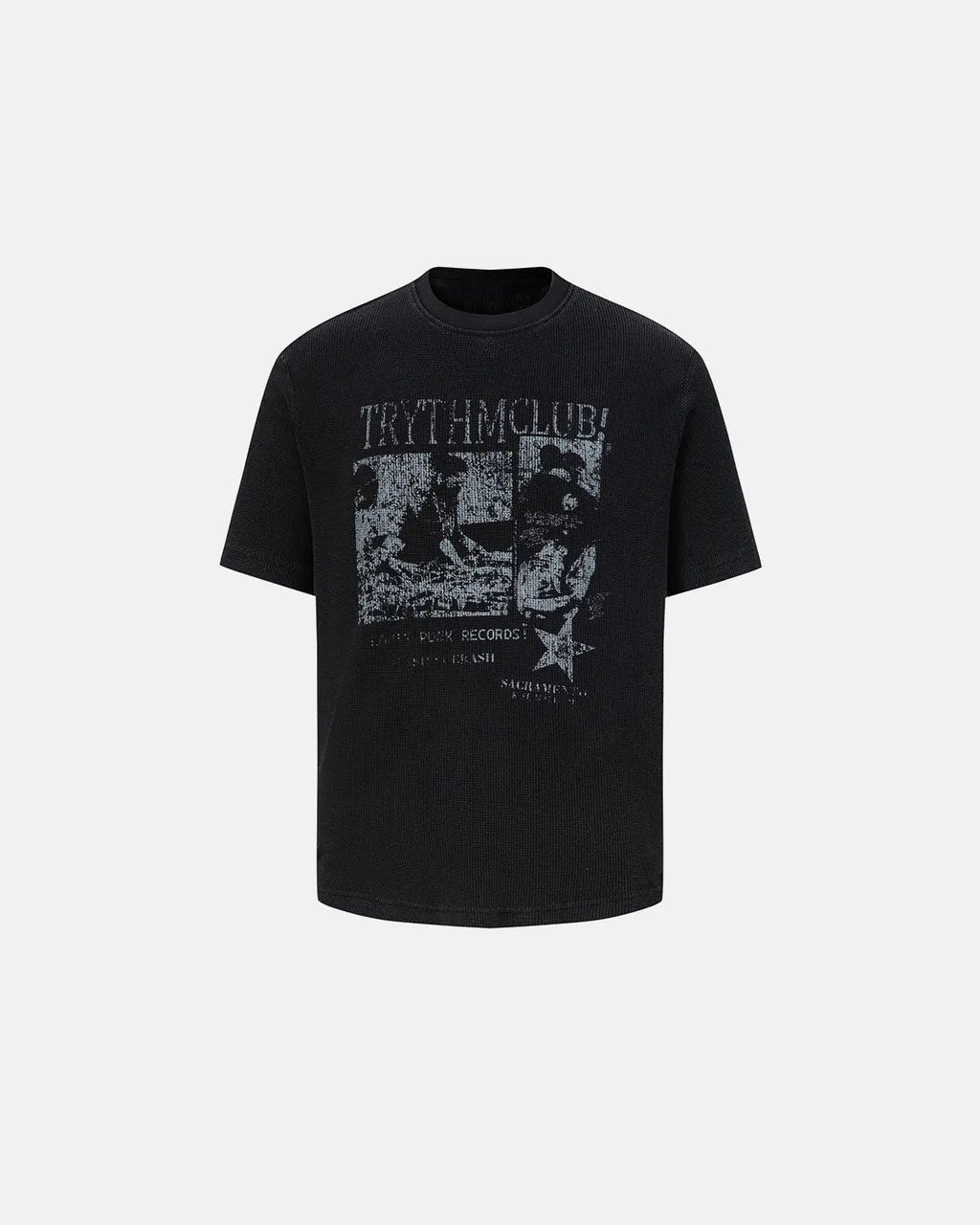 Grey distressed graphic waffle T-shirt by Flation Streetwear featuring bold print and casual fit.
